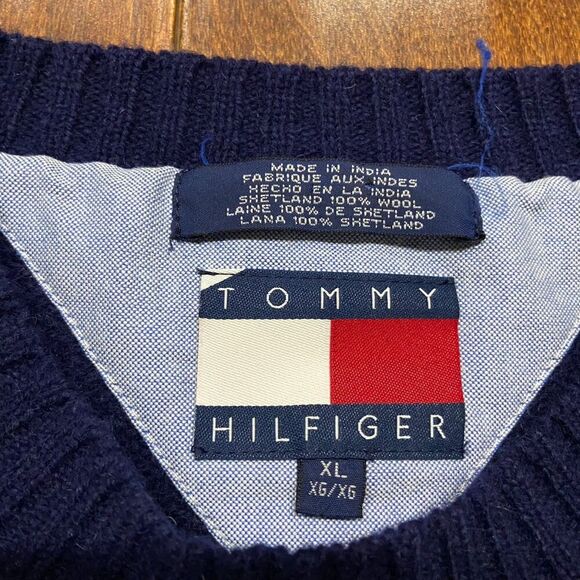 Tommy Hilfiger Y2K Vintage Wool Striped Grey Navy Sweater Men's Size XL - Picture 5 of 7